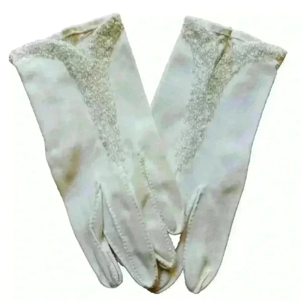 Vintage Womens‎ White Cotton Gloves W/ Beads  Hand Stitched Size Small